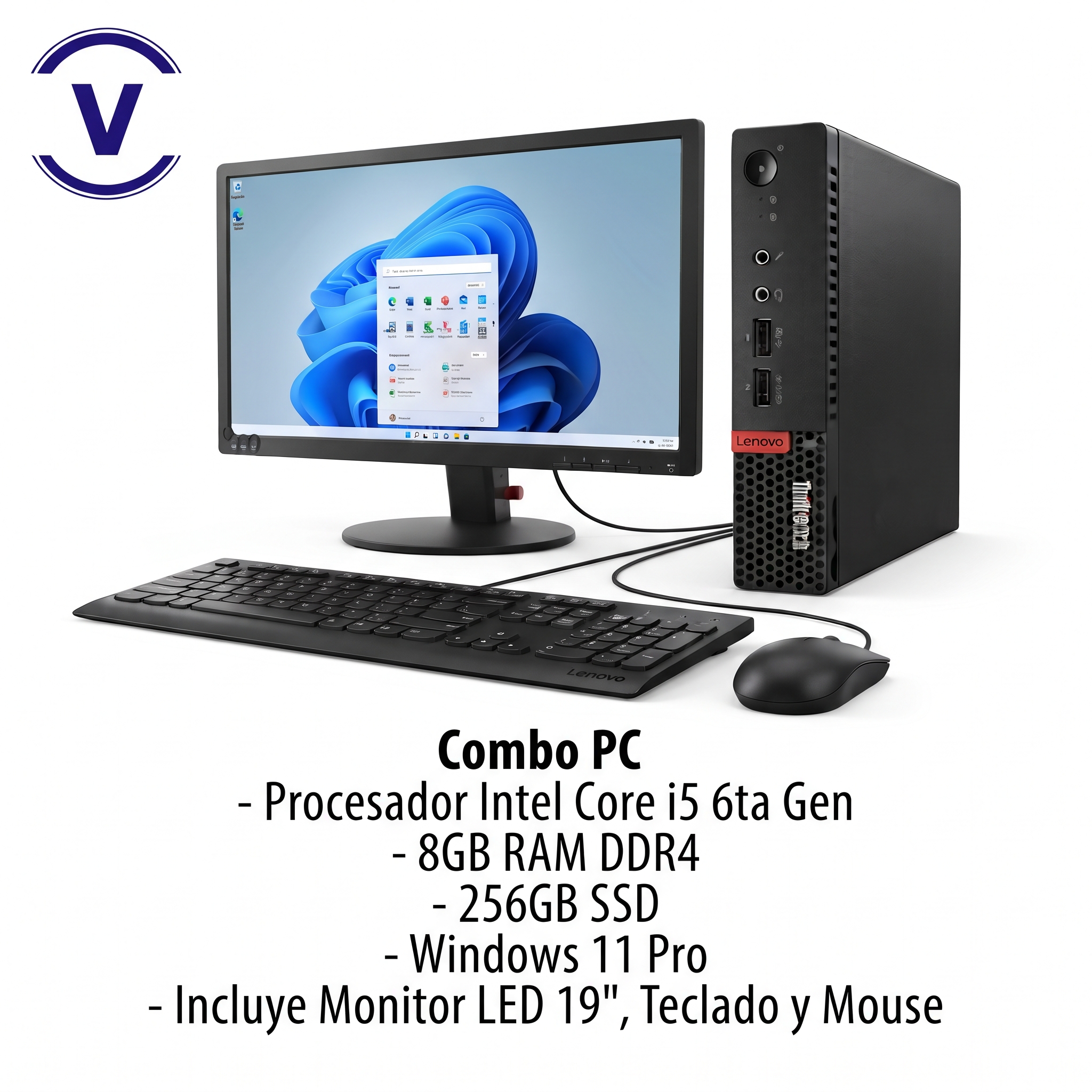 Combo PC Mini Intel Core i5 6ª Gen 8GB RAM 256GB SSD Wi-Fi Win11 + Monitor LED 19" + Teclado y Mouse