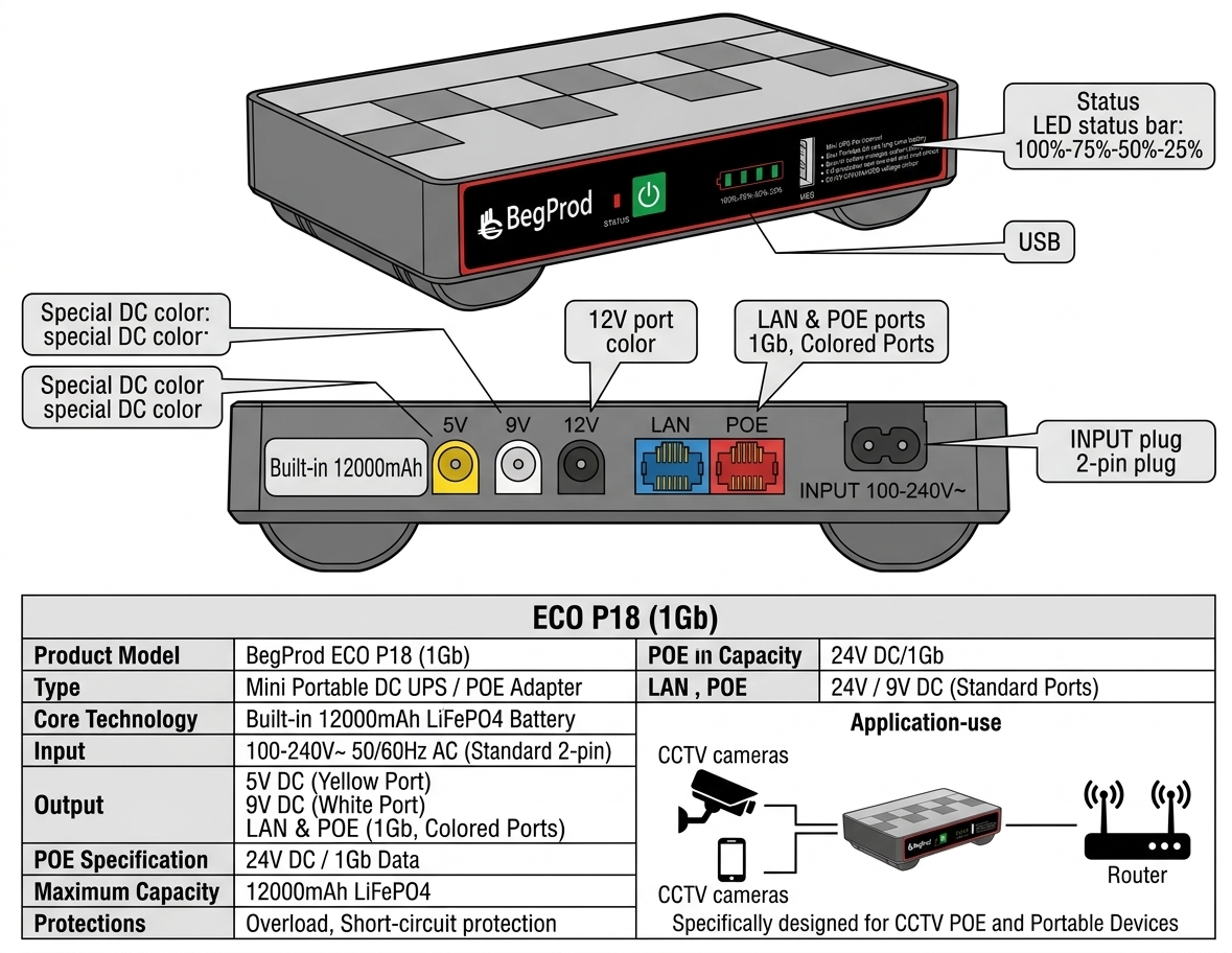 Mini UPS BEGPROD ECOP18 18W 12.000 mAh Gigabit - Image 4