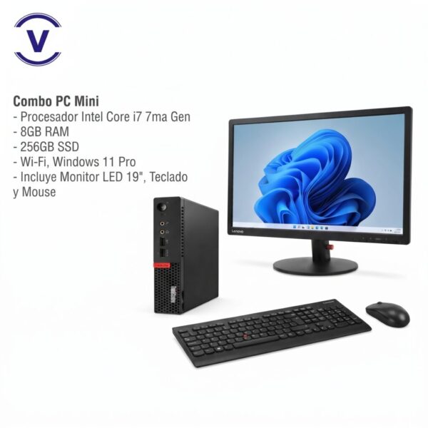 Combo PC Mini Intel Core i7 7ª Gen 8GB RAM 256GB SSD Wi-Fi Win11 + Monitor LED 19″ + Teclado y Mouse