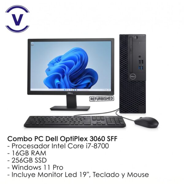 Combo PC Dell OptiPlex 3060 SFF Intel Core i7-8700 16GB RAM 256GB SSD + Monitor LED 19" + Teclado y Mouse